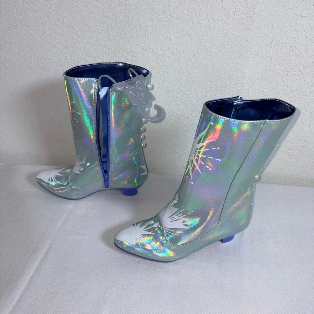 Disney Frozen kids Elsa Boots Size 2/3 Blue Holographic Iridescent Faux Pearl